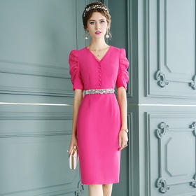 FMY-F20XL31981气质女神范V领修身职业裙子纯色连衣裙