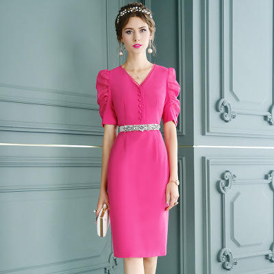 FMY-F20XL31981气质女神范V领修身职业裙子纯色连衣裙 商品图0