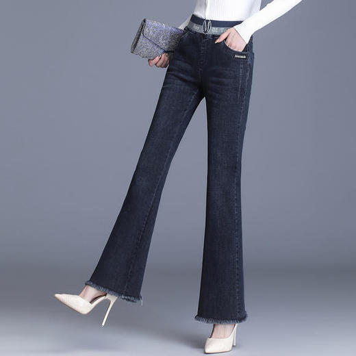 QZF-Z8612新款时尚气质高腰垂感毛边微喇牛仔裤 商品图0