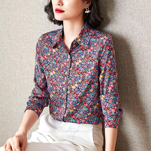 KQL-515T2152碎花仿真丝衬衫女韩版百搭小众休闲雪纺衫 商品图1