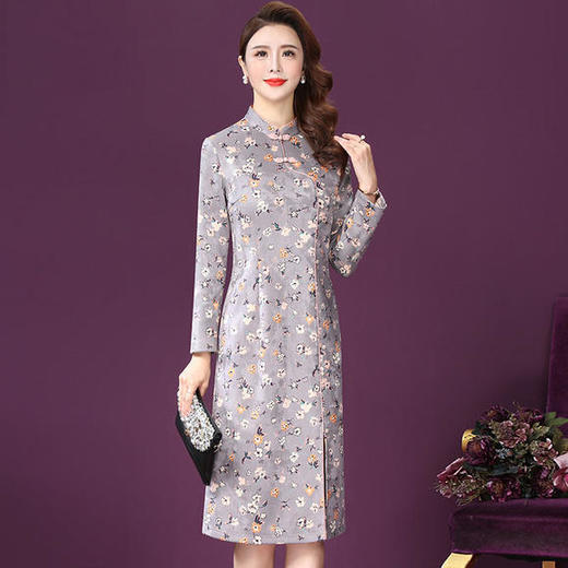 WXY-W-JR-3639新款中国风优雅气质修身立领长袖印花开叉连衣裙TZF 商品图0