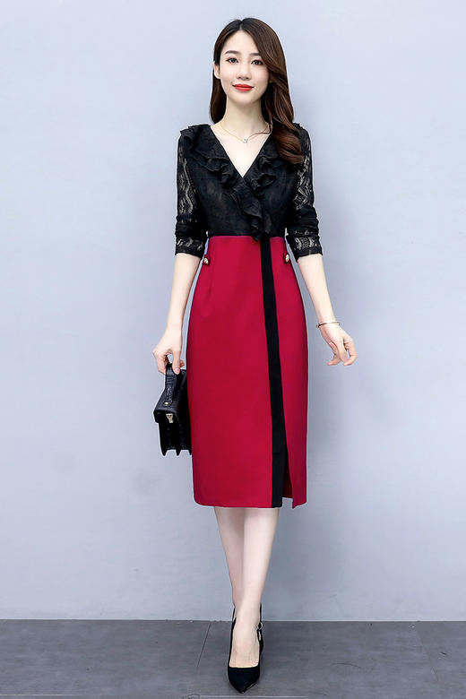 WZNH-MX2030秋季时尚优雅蕾丝拼接连衣裙 商品图5