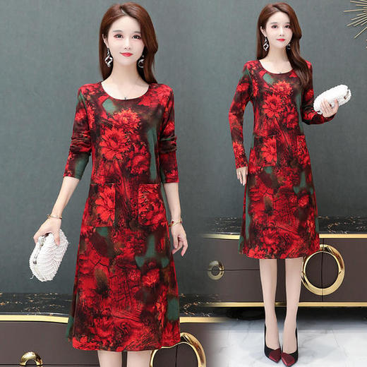 BCYD-YYL2258新款时尚气质百搭圆领中长款印花连衣裙 商品图0