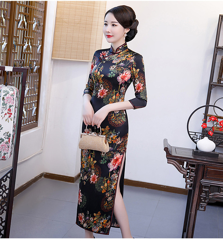 w真丝旗袍长款长袖连衣裙女士改良秋季新款桑蚕丝旗袍裙日常