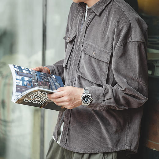 工装优选 美式复古宽松夹克灯芯绒翻领古着痞帅外穿口袋薄衬衫男春 商品图1