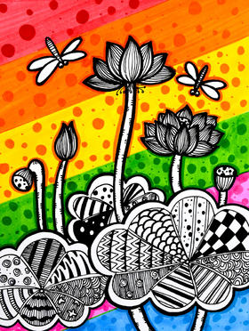 《创意线描荷花》【自动发货：下单后，点击手机短信中收到的链接，即可获取文件下载的链接；如有任何问题，可添加客服微信hm33268获得帮助】
