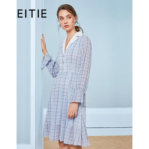 EITIE爱特爱秋季新款洋气格子翻领收腰显瘦连衣裙C20075102 商品图0
