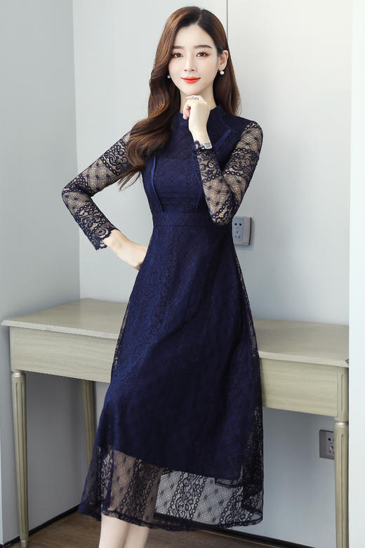 WZNH-ALYI6338秋季新款时尚气质圆领蕾丝连衣裙 商品图5