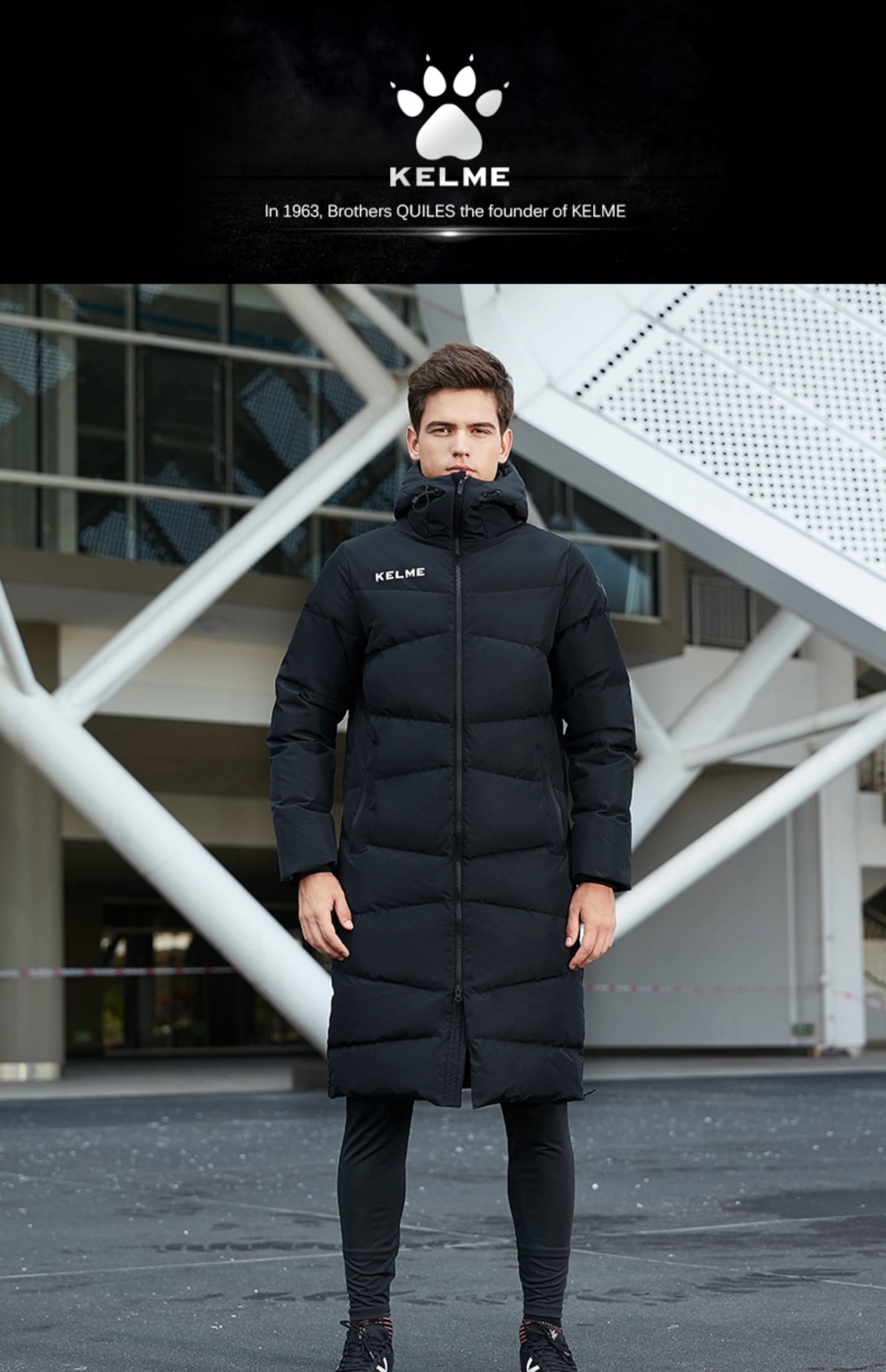 kelme卡尔美运动羽绒服男白鸭绒长款 足球大衣过膝加厚保暖外套冬