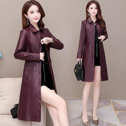 YWE-5517大码PU皮衣外套女中长款过膝大衣 商品图0