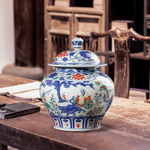 宝瓷林青花五彩鬼谷子下山盖罐 商品图3