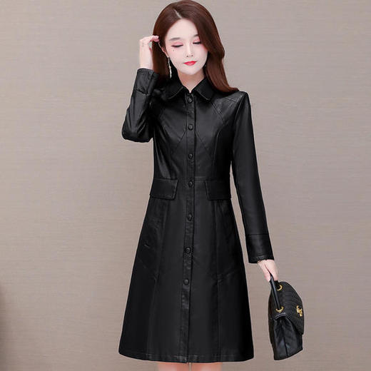 YWE-5517大码PU皮衣外套女中长款过膝大衣 商品图1