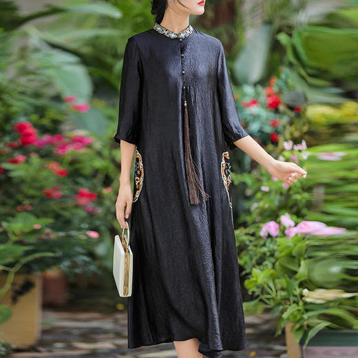 KDS1267新款时尚优雅气质立领七分袖高端醋酸刺绣连衣裙 商品图2