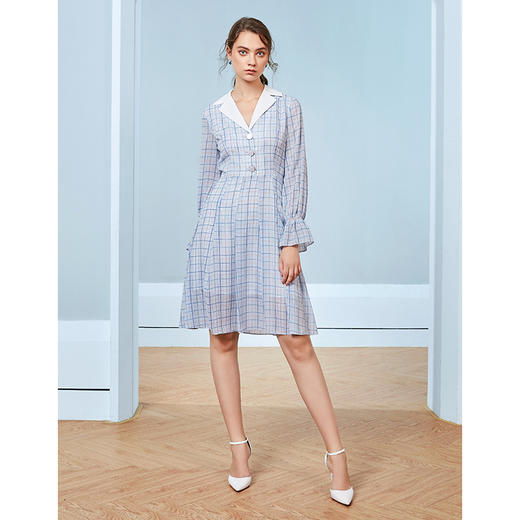 EITIE爱特爱秋季新款洋气格子翻领收腰显瘦连衣裙C20075102 商品图1