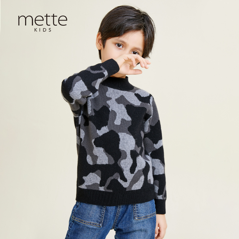 METTE羊绒世家童装男中大童100%山羊绒衫时尚迷彩半高领内搭针织毛衣