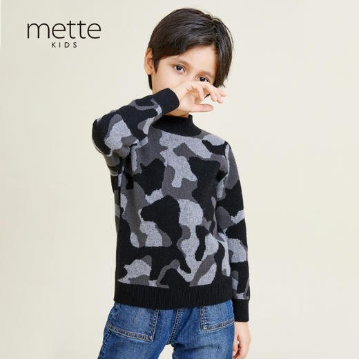METTE羊绒世家童装男中大童100%山羊绒衫时尚迷彩半高领内搭针织毛衣 商品图0