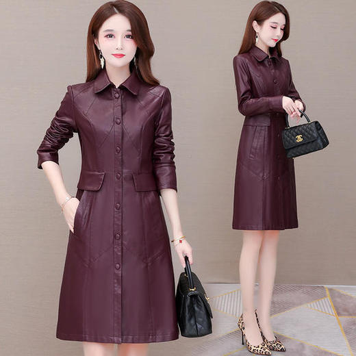 YWE-5517大码PU皮衣外套女中长款过膝大衣 商品图3