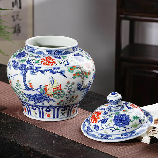 宝瓷林青花五彩鬼谷子下山盖罐 商品图1