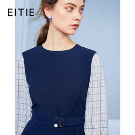 EITIE爱特爱秋季新款气质通勤格纹拼接收腰显瘦A摆连衣裙女裙C20075104