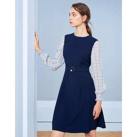 EITIE爱特爱秋季新款气质通勤格纹拼接收腰显瘦A摆连衣裙女裙C20075104 商品图5