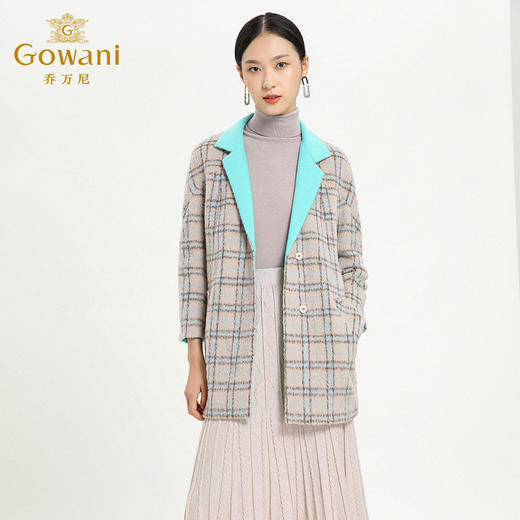 乔万尼冬季拼色格纹时尚羊毛大衣连肩袖中长款保暖外套E154A275 商品图3