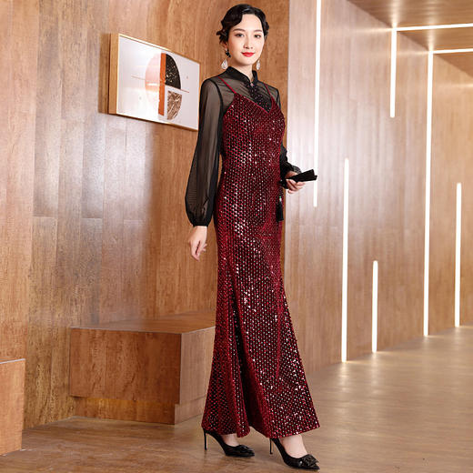 DLQ-A2637轻奢高端气质性感网纱长袖吊带礼服 商品图0