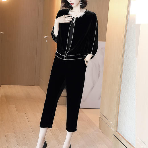 丁摩 真丝丝绒套装女两件套钉珠圆领桑蚕丝开衫休闲九分裤20-216DL699 商品图3