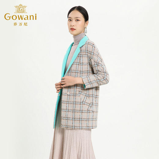 乔万尼冬季拼色格纹时尚羊毛大衣连肩袖中长款保暖外套E154A275 商品图1