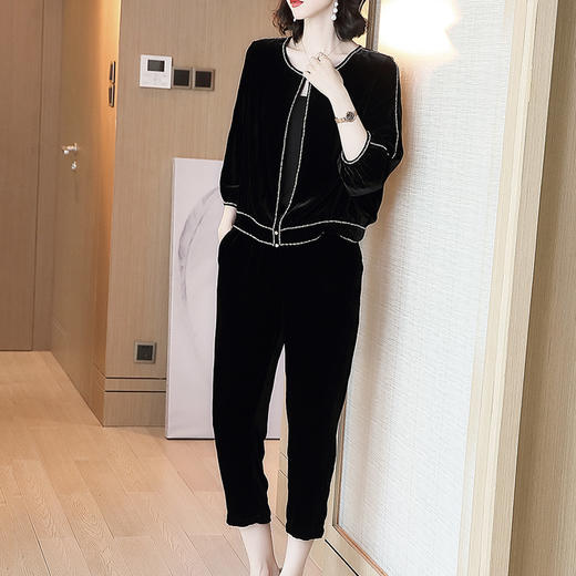 丁摩 真丝丝绒套装女两件套钉珠圆领桑蚕丝开衫休闲九分裤20-216DL699 商品图2