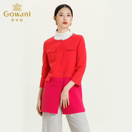 乔万尼圆领羊毛呢外套中长款拼接九分袖E154A281 商品图1