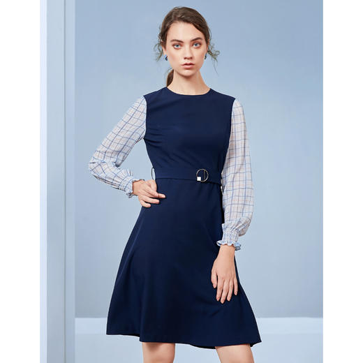 EITIE爱特爱秋季新款气质通勤格纹拼接收腰显瘦A摆连衣裙女裙C20075104 商品图3