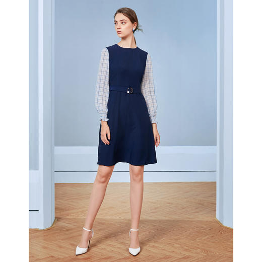 EITIE爱特爱秋季新款气质通勤格纹拼接收腰显瘦A摆连衣裙女裙C20075104 商品图1