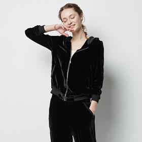 丁摩 春秋真丝丝绒七分袖桑蚕丝连帽卫衣直筒卫裤套装两件套女20-214DL699