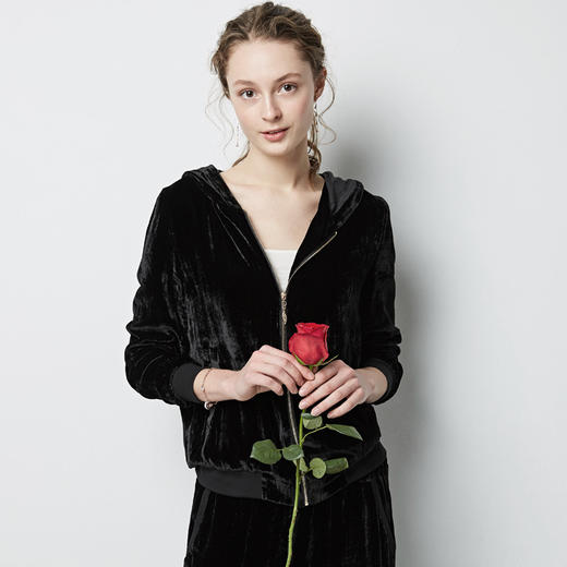 丁摩 春秋真丝丝绒七分袖桑蚕丝连帽卫衣直筒卫裤套装两件套女20-214DL699 商品图1