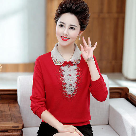 P-dql1932秋季新款翻领烫钻加肥加大妈妈装针织衫 商品图0