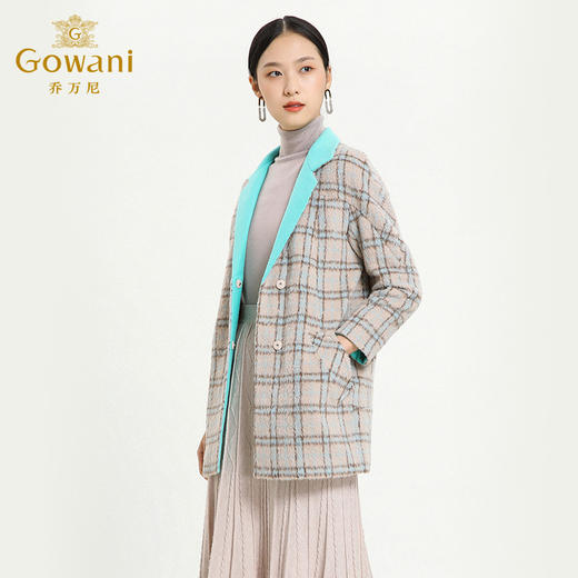 乔万尼冬季拼色格纹时尚羊毛大衣连肩袖中长款保暖外套E154A275 商品图2
