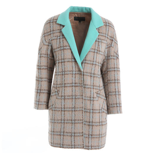 乔万尼冬季拼色格纹时尚羊毛大衣连肩袖中长款保暖外套E154A275 商品图4