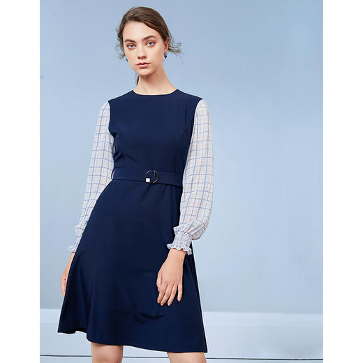 EITIE爱特爱秋季新款气质通勤格纹拼接收腰显瘦A摆连衣裙女裙C20075104 商品图2