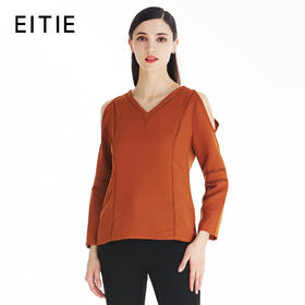 EITIE爱特爱女装夏季新款V领长袖镂空露肩拼接T恤纯色上衣女5313003
