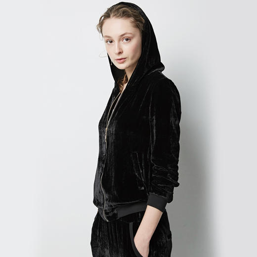 丁摩 春秋真丝丝绒七分袖桑蚕丝连帽卫衣直筒卫裤套装两件套女20-214DL699 商品图2