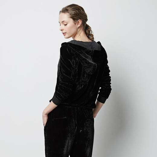 丁摩 春秋真丝丝绒七分袖桑蚕丝连帽卫衣直筒卫裤套装两件套女20-214DL699 商品图3