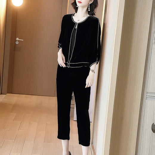 丁摩 真丝丝绒套装女两件套钉珠圆领桑蚕丝开衫休闲九分裤20-216DL699 商品图0