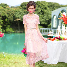 FMY-F20XL31121网布绣花连衣裙温柔风时尚修身收腰中长裙