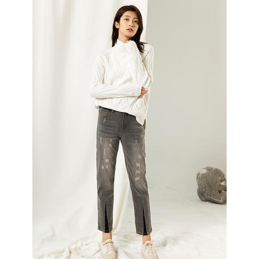 Famecoco范可儿直筒牛仔裤女秋冬季宽松烟灰色长裤F208GA010 商品图3