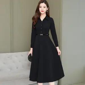 JXG -中长款连衣裙女2020春装新款韩版收腰气质阔太太大码长袖打底裙 商品图2