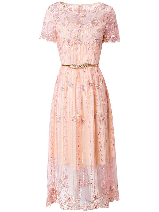 FMY-F20XL31121网布绣花连衣裙温柔风时尚修身收腰中长裙 商品图1