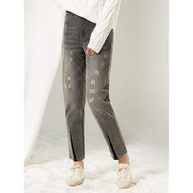 Famecoco范可儿直筒牛仔裤女秋冬季宽松烟灰色长裤F208GA010