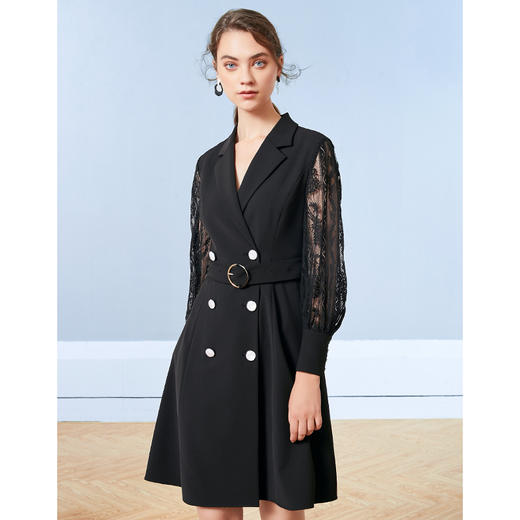 EITIE爱特爱秋季新款气质优雅镂空蕾丝翻领双排扣收腰连衣裙C2004502 商品图2