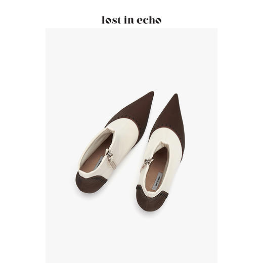 【微瑕疵不退不换】lost in echo设计师女鞋缝线拼接尖头短靴 棕色拼米色 商品图2
