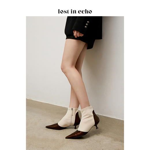 【微瑕疵不退不换】lost in echo设计师女鞋缝线拼接尖头短靴 棕色拼米色 商品图0